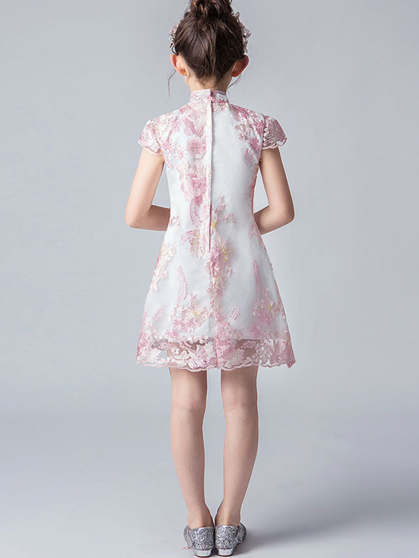 Pink Embroidered Kids Girls Cheongsam / Qipao Dress