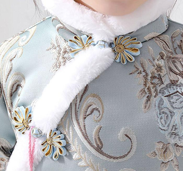 Blue Floral Kids Girl's Qipao / Cheongsam Winter Dress