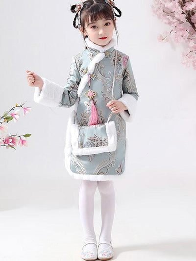 Blue Floral Kids Girl's Qipao / Cheongsam Winter Dress