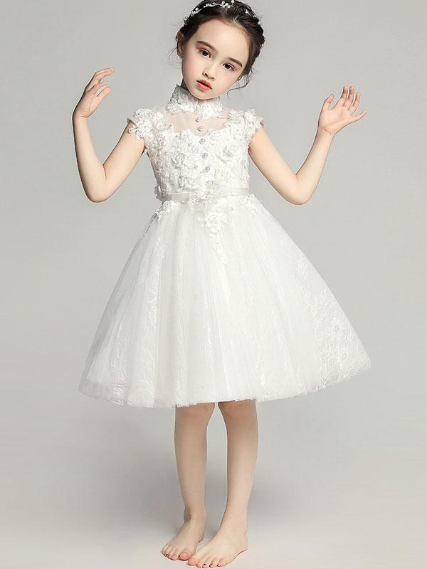 White Flower Girl's Tulle Qipao / Cheongsam Dress