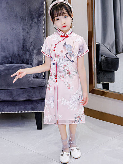 Pink Floral Kids Girl's Cheongsam Qipao Dress