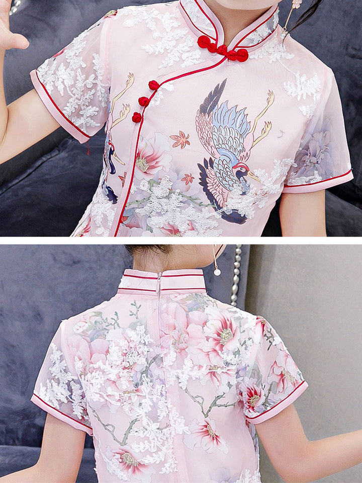 Pink Floral Kids Girl's Cheongsam Qipao Dress