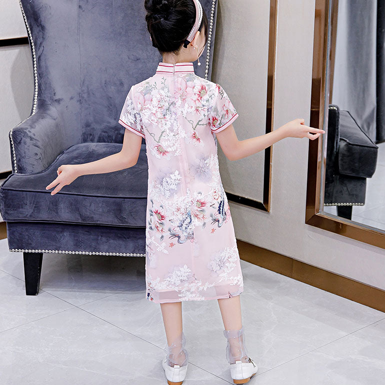 Pink Floral Kids Girl's Cheongsam Qipao Dress