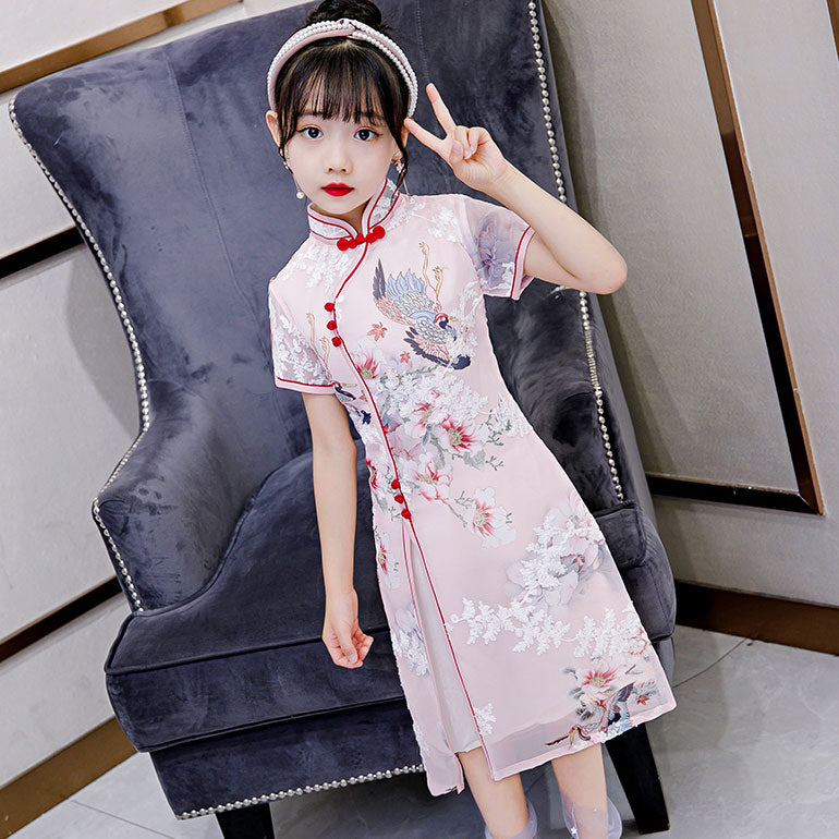 Pink Floral Kids Girl's Cheongsam Qipao Dress