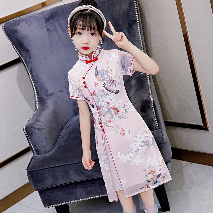 Pink Floral Kids Girl's Cheongsam Qipao Dress