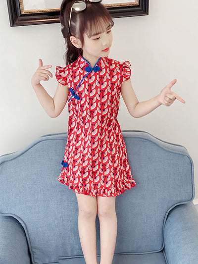 Red Frill Sleeve Kids Girl Cheongsam / Qipao Dress