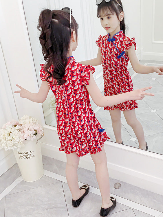 Red Frill Sleeve Kids Girl Cheongsam / Qipao Dress