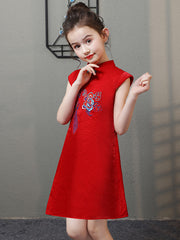 Red Embroidered Kids Girl Cheongsam / Qipao Dress