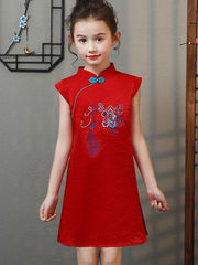 Red Embroidered Kids Girl Cheongsam / Qipao Dress
