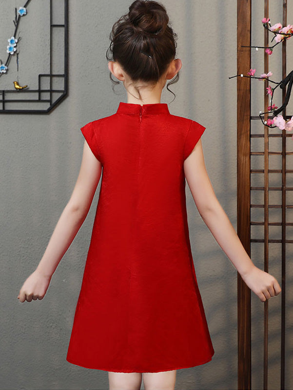 Red Embroidered Kids Girl Cheongsam / Qipao Dress