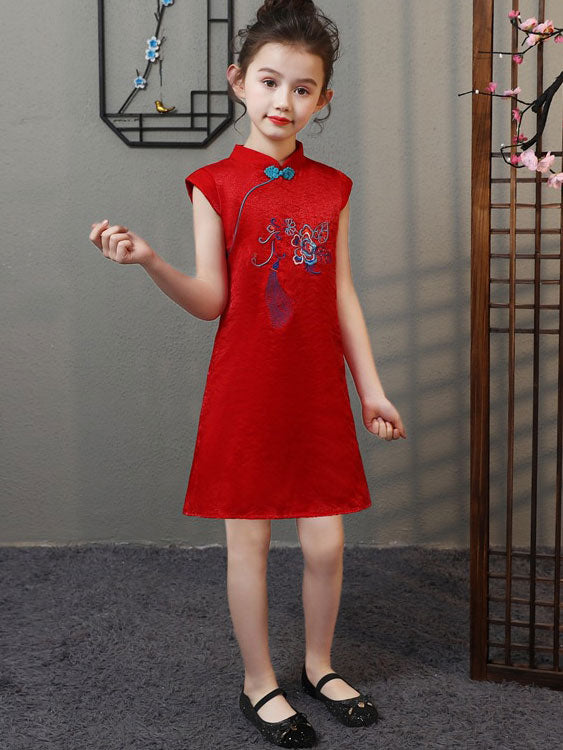 Red Embroidered Kids Girl Cheongsam / Qipao Dress