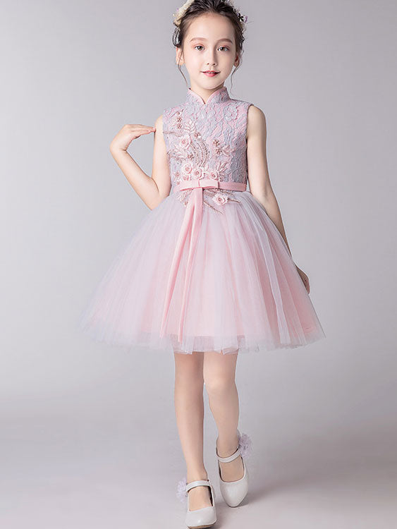 Pink Flower Girl Tulle Cheongsam Qi Pao Dress