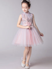Pink Flower Girl Tulle Cheongsam Qi Pao Dress