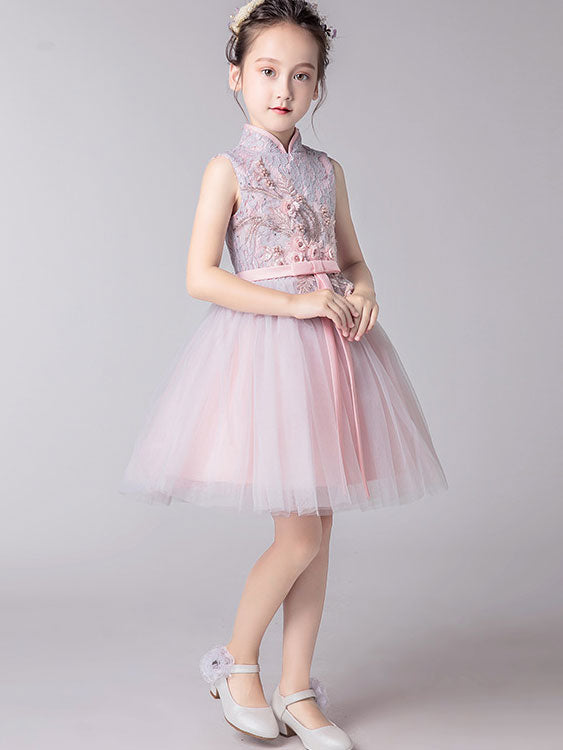 Pink Flower Girl Tulle Cheongsam Qi Pao Dress