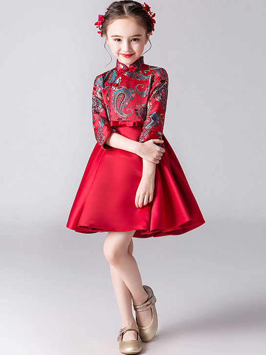 Red Woven A-Line Girl Qipao / Cheongsam Dress