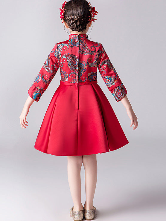 Red Woven A-Line Girl Qipao / Cheongsam Dress