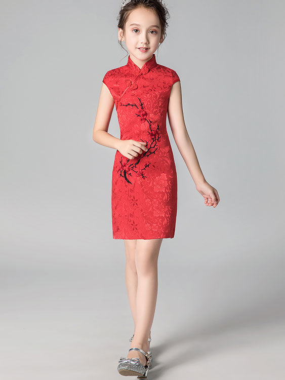 Red Embroidered Kids Girl's Qipao / Cheongsam Dress