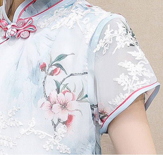 Blue Floral Kids Girl's Cheongsam Qipao Dress