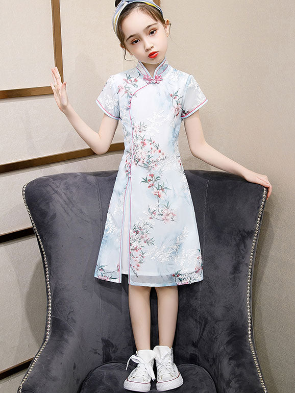 Blue Floral Kids Girl's Cheongsam Qipao Dress