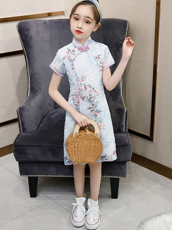 Blue Floral Kids Girl's Cheongsam Qipao Dress
