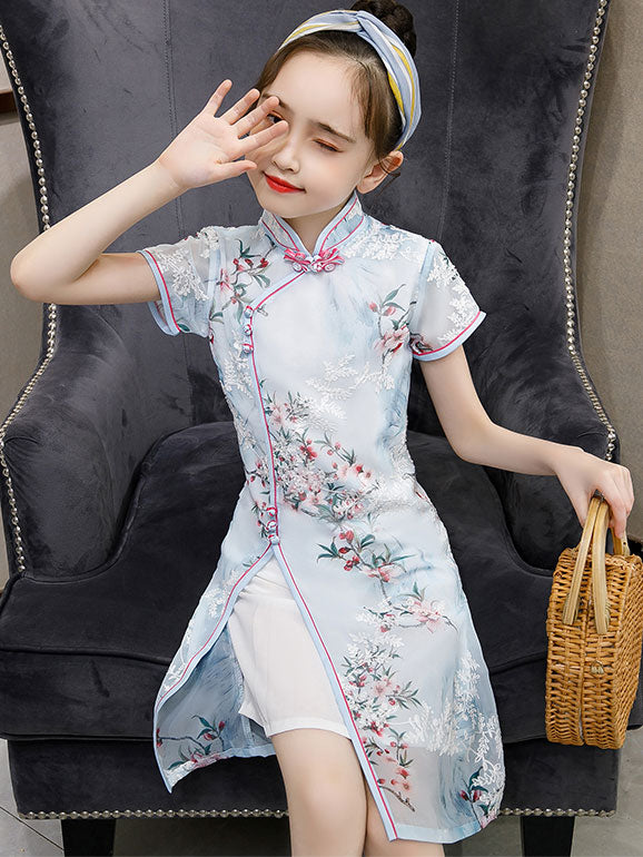 Blue Floral Kids Girl's Cheongsam Qipao Dress