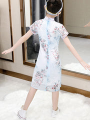 Blue Floral Kids Girl's Cheongsam Qipao Dress