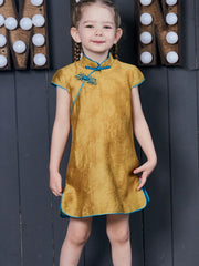 Blue Yellow Kids Girl's Jacquard Cheongsam Qi Pao Dress