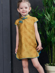 Blue Yellow Kids Girl's Jacquard Cheongsam Qi Pao Dress