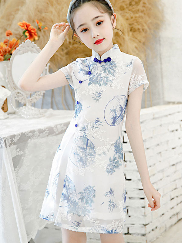 Floral Chiffon Kid Girls Qi Pao Cheongsam Dress