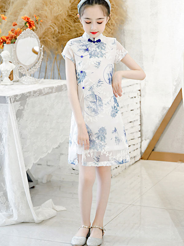 Floral Chiffon Kid Girls Qi Pao Cheongsam Dress