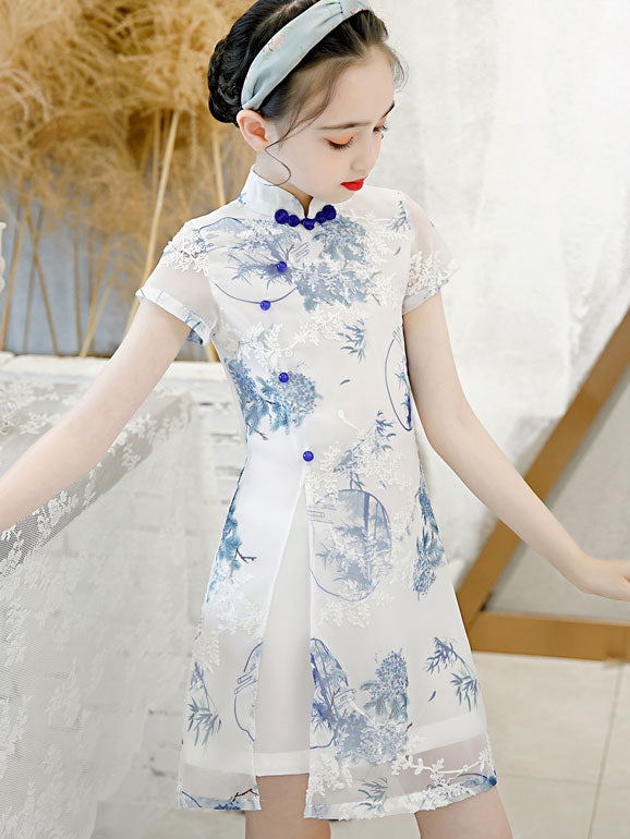 Floral Chiffon Kid Girls Qi Pao Cheongsam Dress