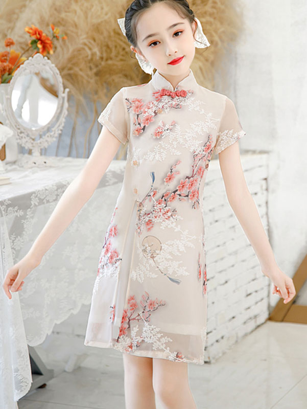 Floral Chiffon Kid Girls Qi Pao Cheongsam Dress