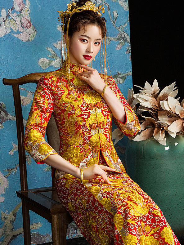 Red Embroidered Phoenix Chinese Wedding Bridal Qun Gua
