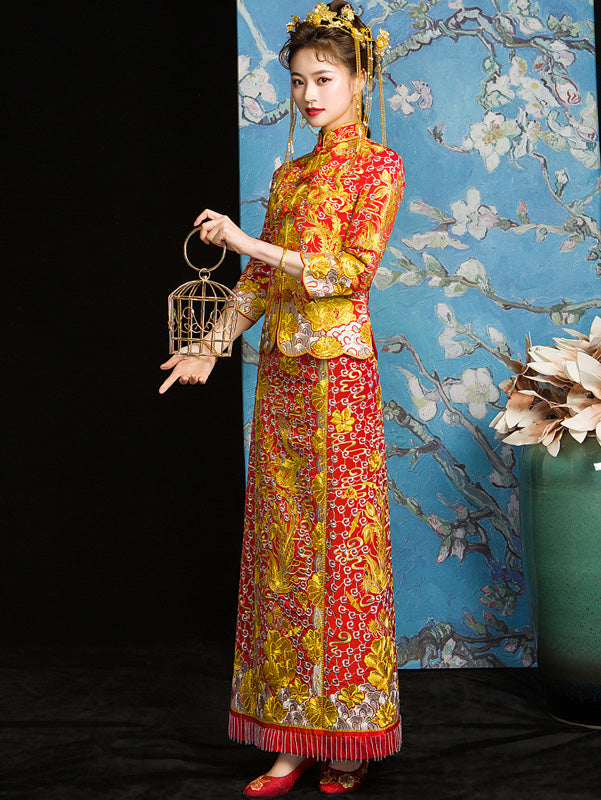 Red Embroidered Phoenix Chinese Wedding Bridal Qun Gua