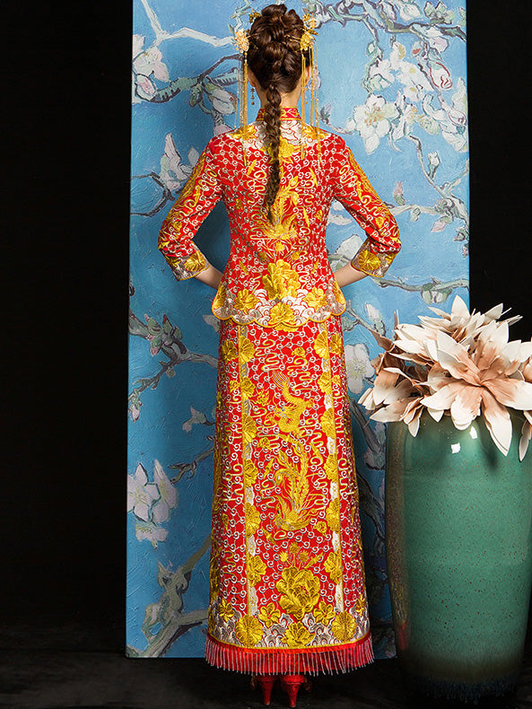 Red Embroidered Phoenix Chinese Wedding Bridal Qun Gua