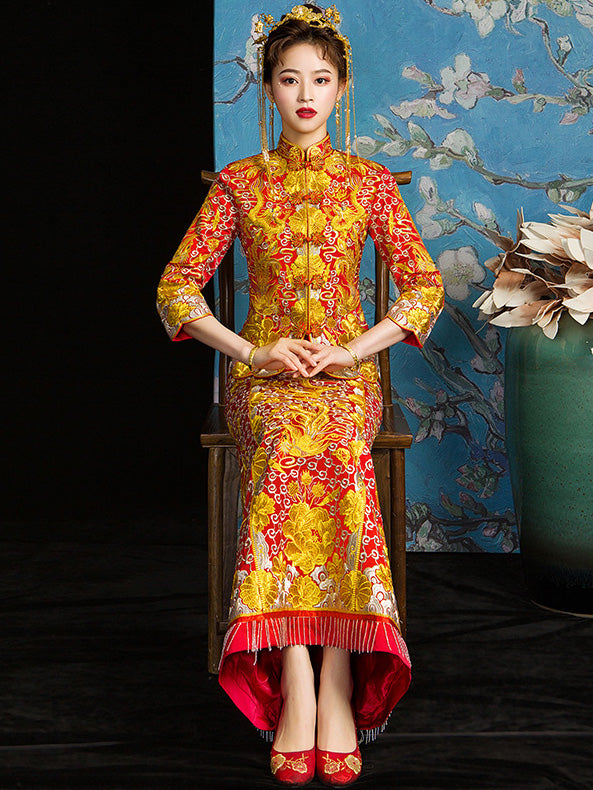 Red Embroidered Phoenix Chinese Wedding Bridal Qun Gua
