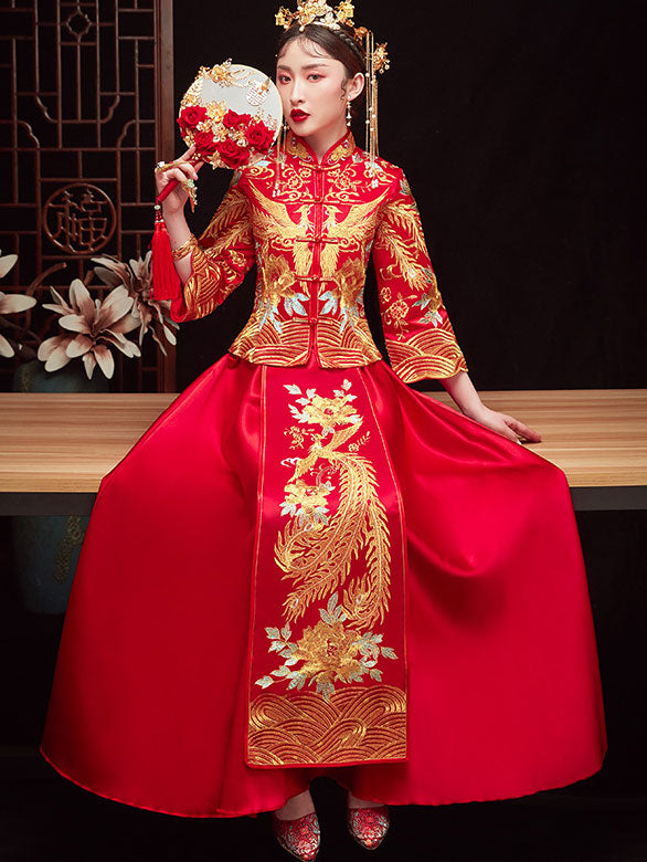 Red Embroidered Phoenix Wedding Bridal Qun Gua