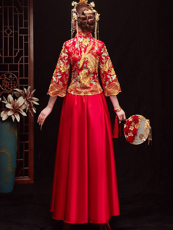 Red Embroidered Phoenix Wedding Bridal Qun Gua