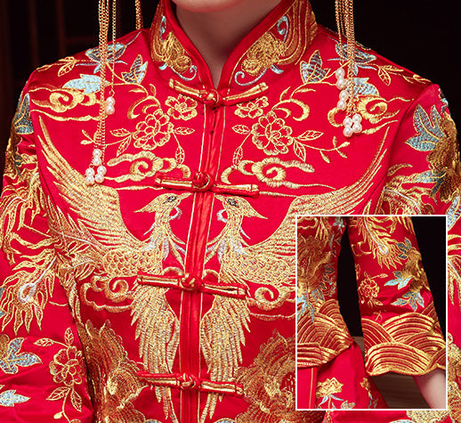 Red Embroidered Phoenix Wedding Bridal Qun Gua