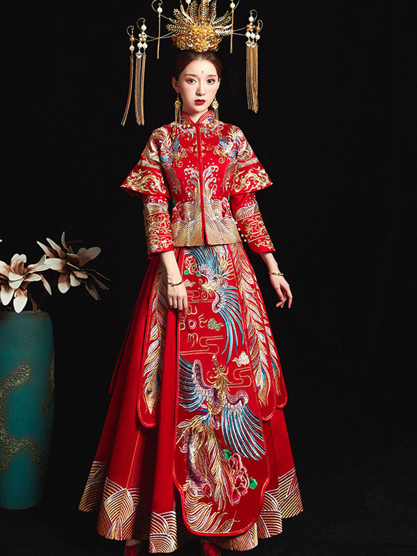Red Gorgeous Embroidered Phoenix Chinese Wedding Bridal Qun Gua