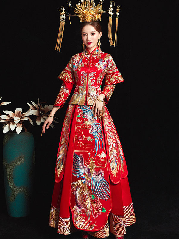 Red Gorgeous Embroidered Phoenix Chinese Wedding Bridal Qun Gua
