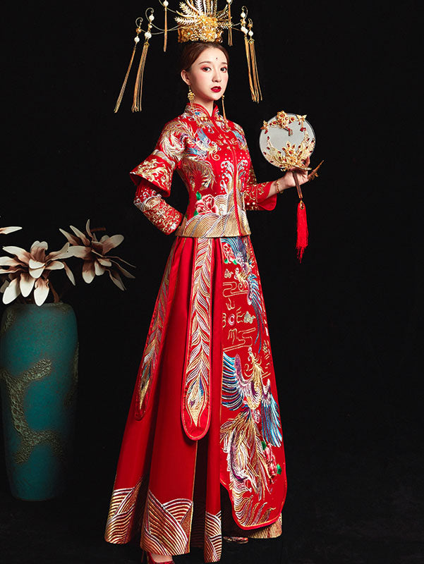 Red Gorgeous Embroidered Phoenix Chinese Wedding Bridal Qun Gua