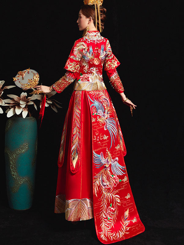 Red Gorgeous Embroidered Phoenix Chinese Wedding Bridal Qun Gua