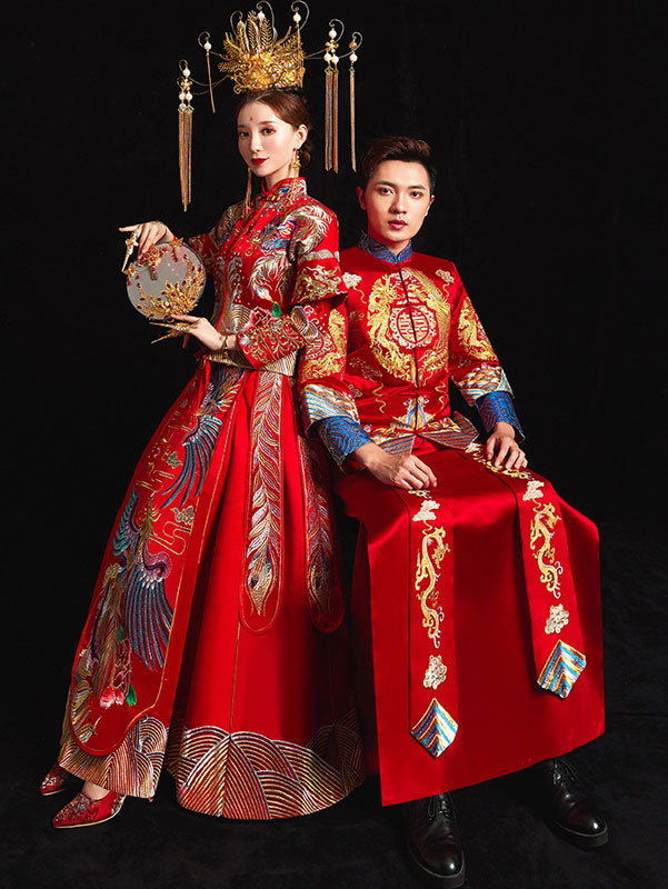 Red Gorgeous Embroidered Phoenix Chinese Wedding Bridal Qun Gua