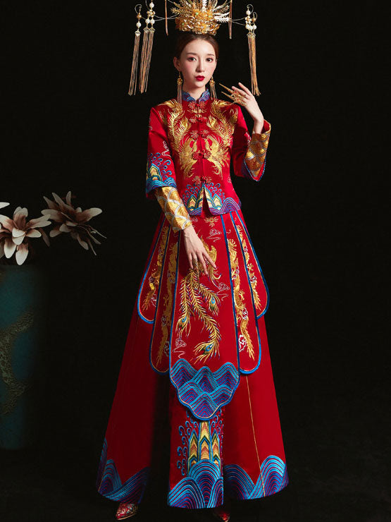 Red Embroidered Phoenix Traditional Wedding Qun Gua
