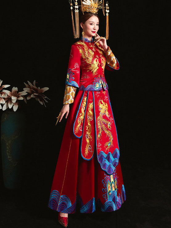 Red Embroidered Phoenix Traditional Wedding Qun Gua