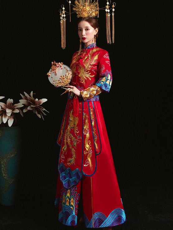 Red Embroidered Phoenix Traditional Wedding Qun Gua