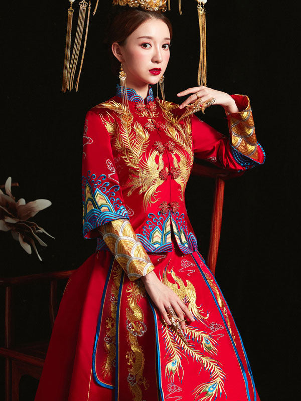 Red Embroidered Phoenix Traditional Wedding Qun Gua