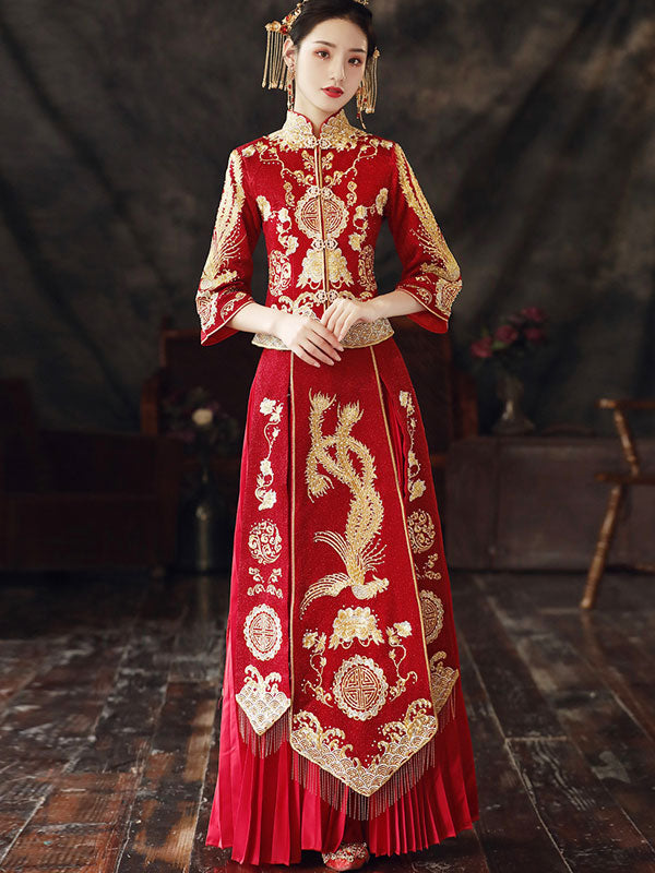 Beaded Embroidered Phoenix Wedding Qun Gua with Pleated Skirt