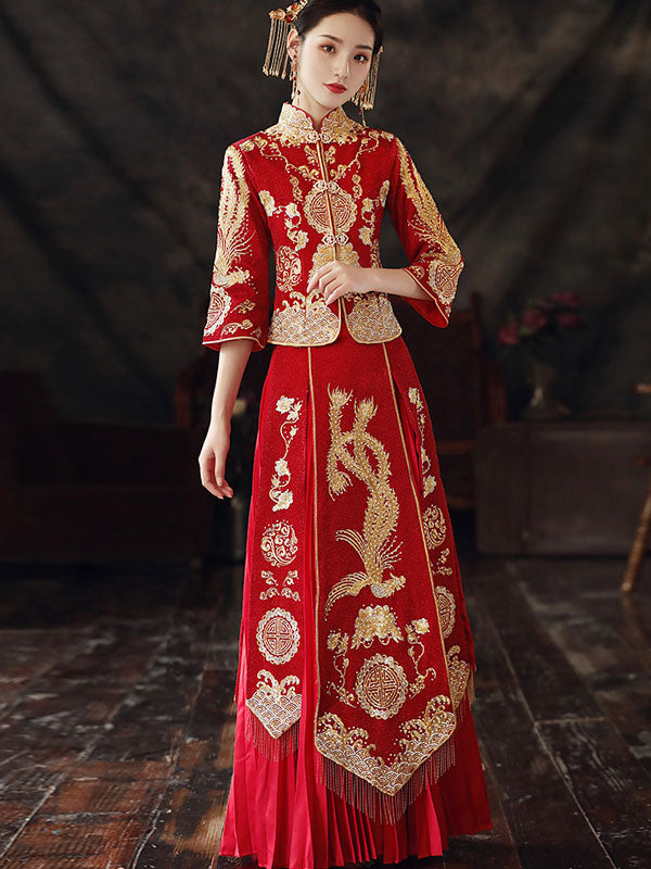 Beaded Embroidered Phoenix Wedding Qun Kwa with Pleated Skirt - imallure